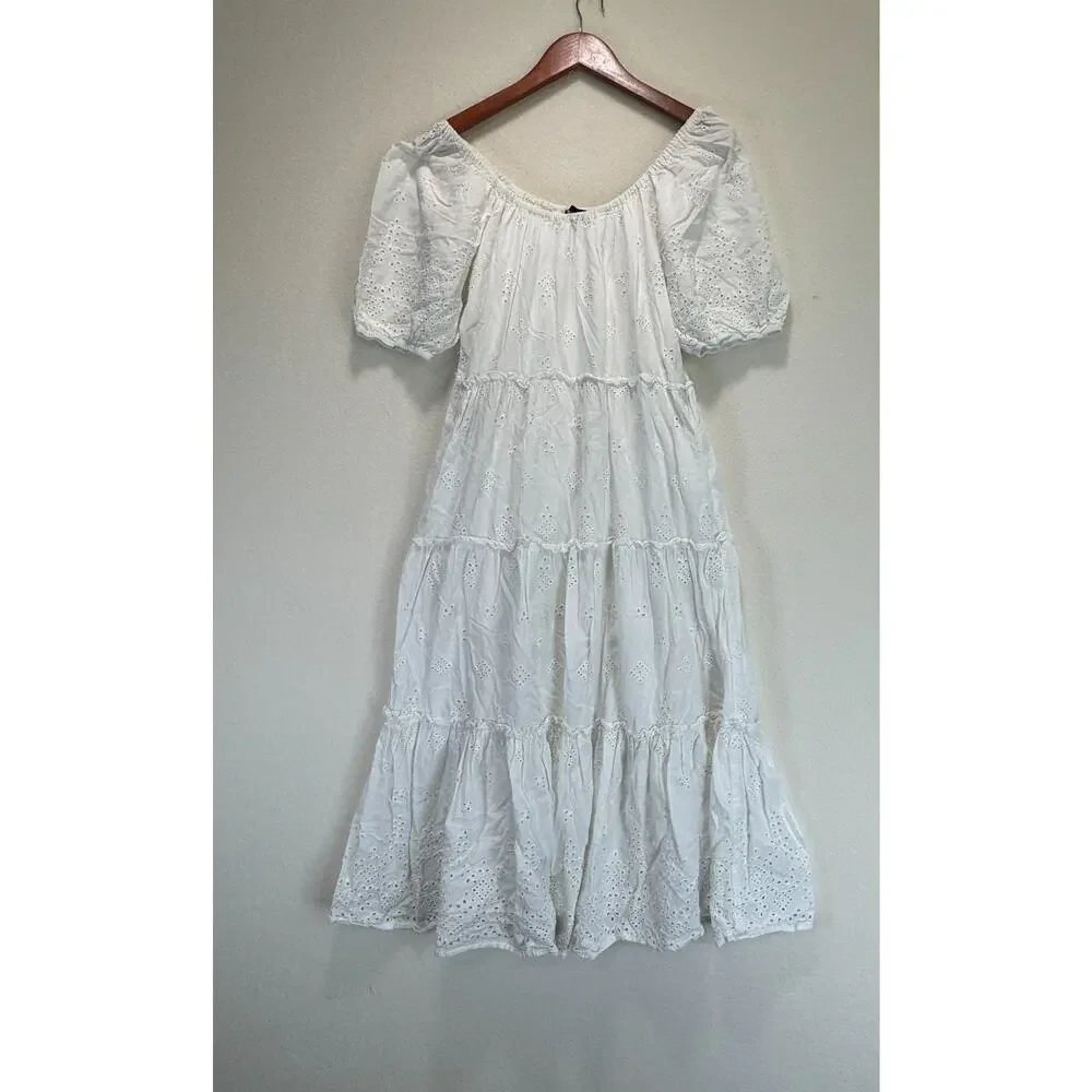 Fifteen Twenty Tiered Puff Sleeve Eyelet Dress Cotton White, Size S, Rt. $308 - Picture 3 of 12